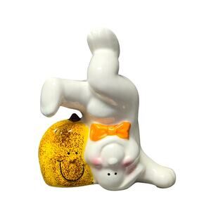 Vintage Ceramic White Upside Down Ghost w/ Orange Bowtie & Pumpkin Holiday Decor